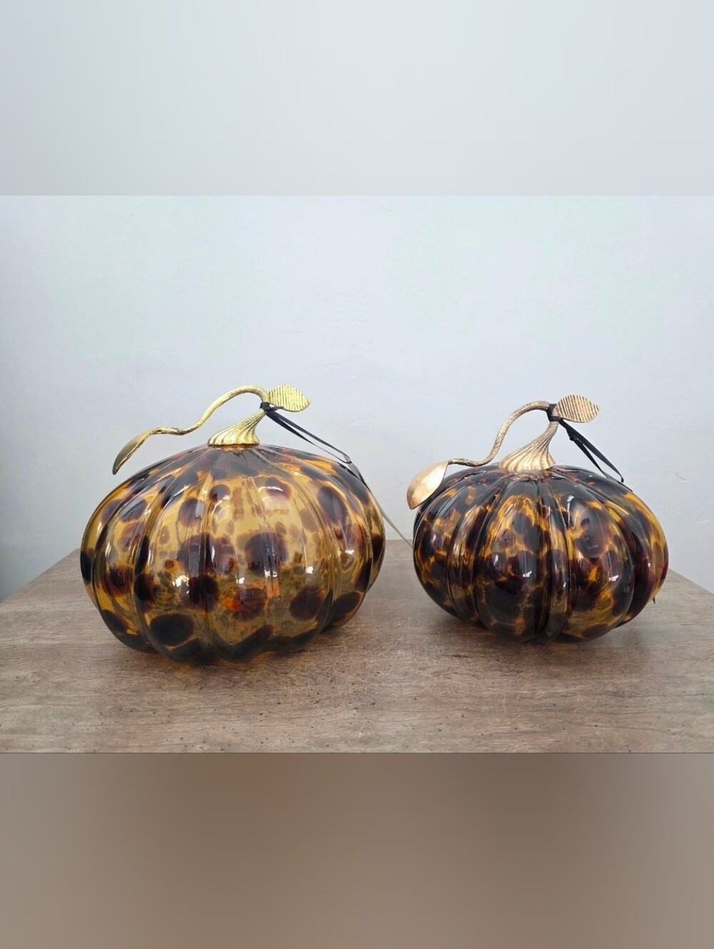 Set of 2 Christian Siriano Glass Pumpkins Leopard Tortoise Print Fall Decor htf